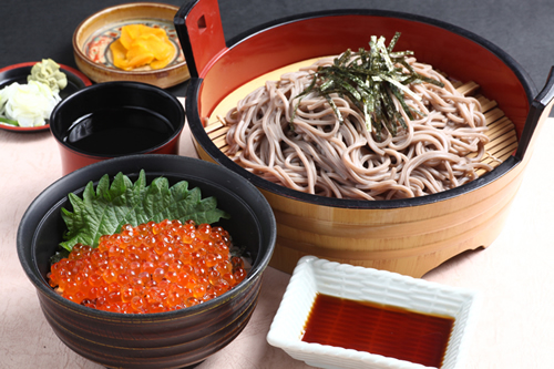 Zarusoba(Cold Soba noodles with dipping sauce) and Mini Ikura Don (Small sized bowl of rice topped with Salmon Roe )